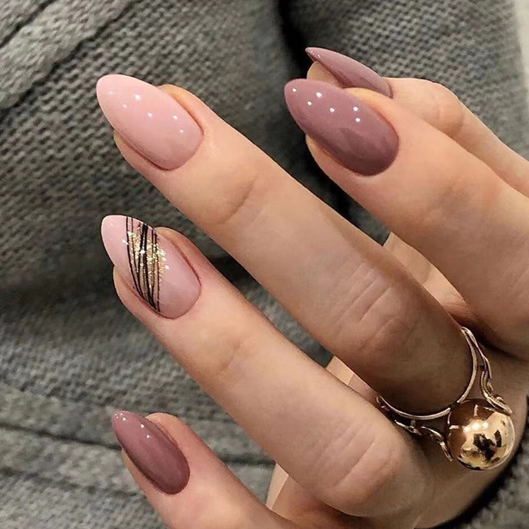 Elegant Long Almond-Shaped Press-On Nails with Gold Accents Stornfield