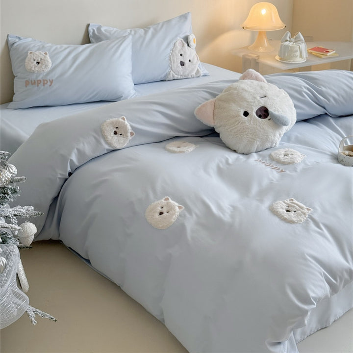 Plush Appliqué Puppy Duvet Cover Set with Cotton Sateen & Pillow Shams