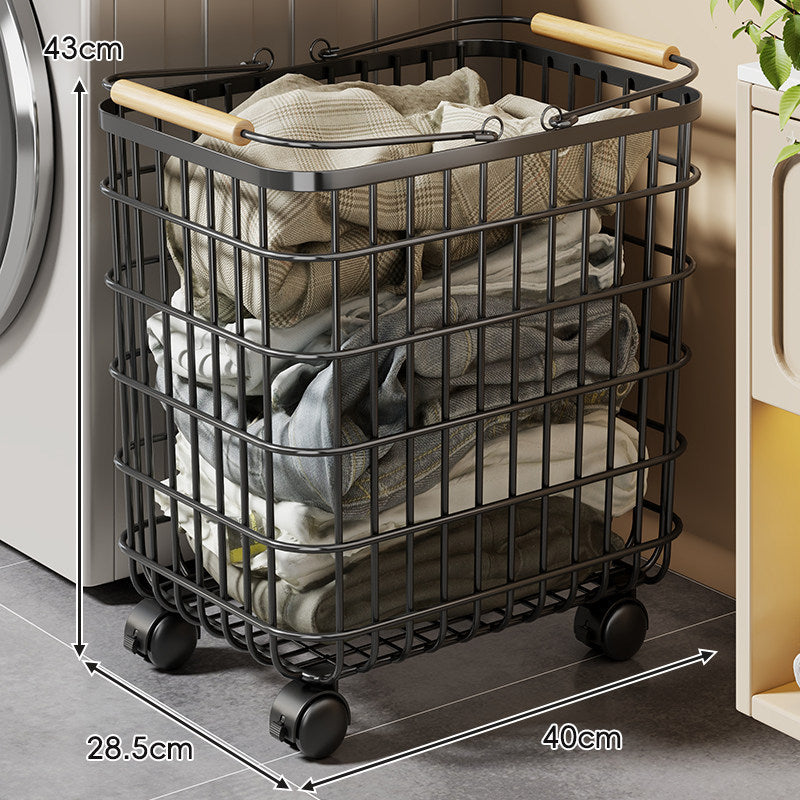 Rolling Wire Laundry Basket with Wooden Handles and Locking Casters