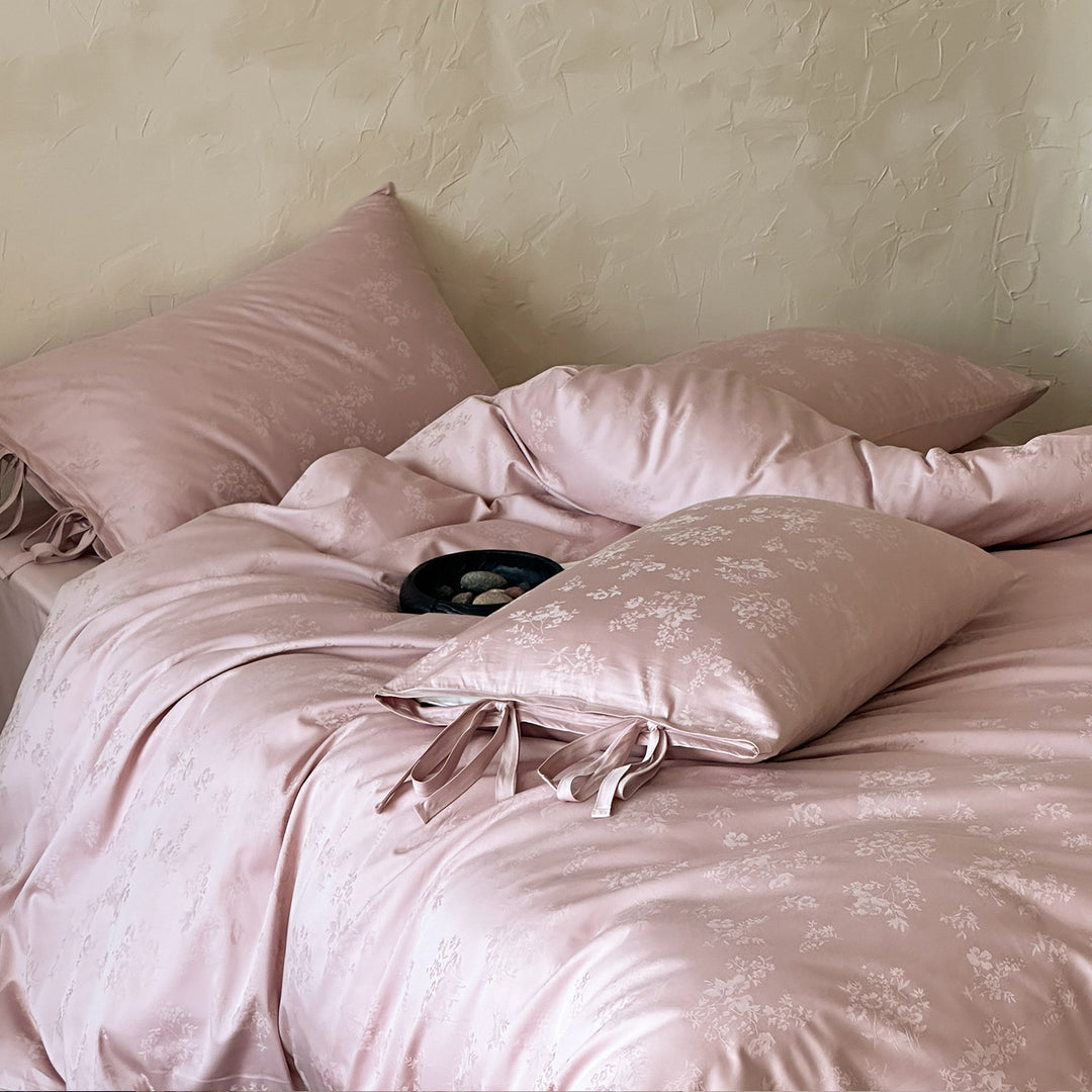 Luxury Floral Satin Duvet Cover Set with Ribbon-Tie Pillowcases