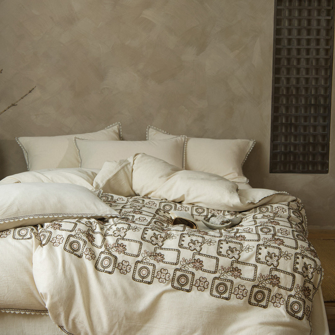 Organic Linen Embroidered Duvet Cover Set with Pom Trim