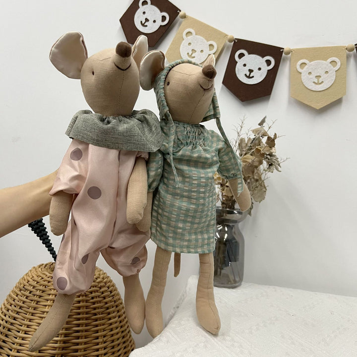 Vintage-Inspired Sewn Linen Elephant Plush Doll with Polka-Dot Dress