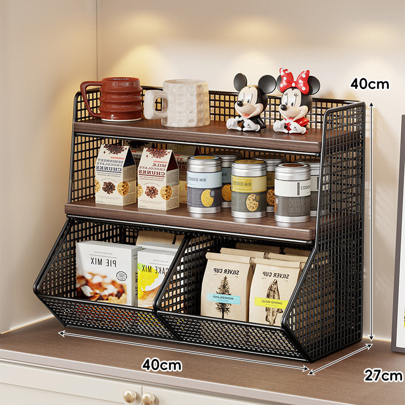 Compact Mesh Countertop Pantry Organizer with Two Wooden Shelves and Deep Front Basket