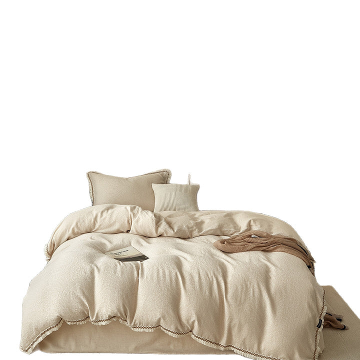 Reversible Cotton-Linen Textured Quilted Duvet Comforter Set with Scalloped Trim and Pillow Shams