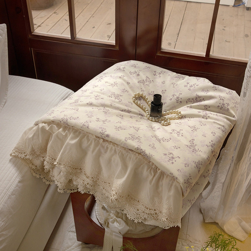 Floral Quilted Throw Blanket with Lace Ruffle Trim