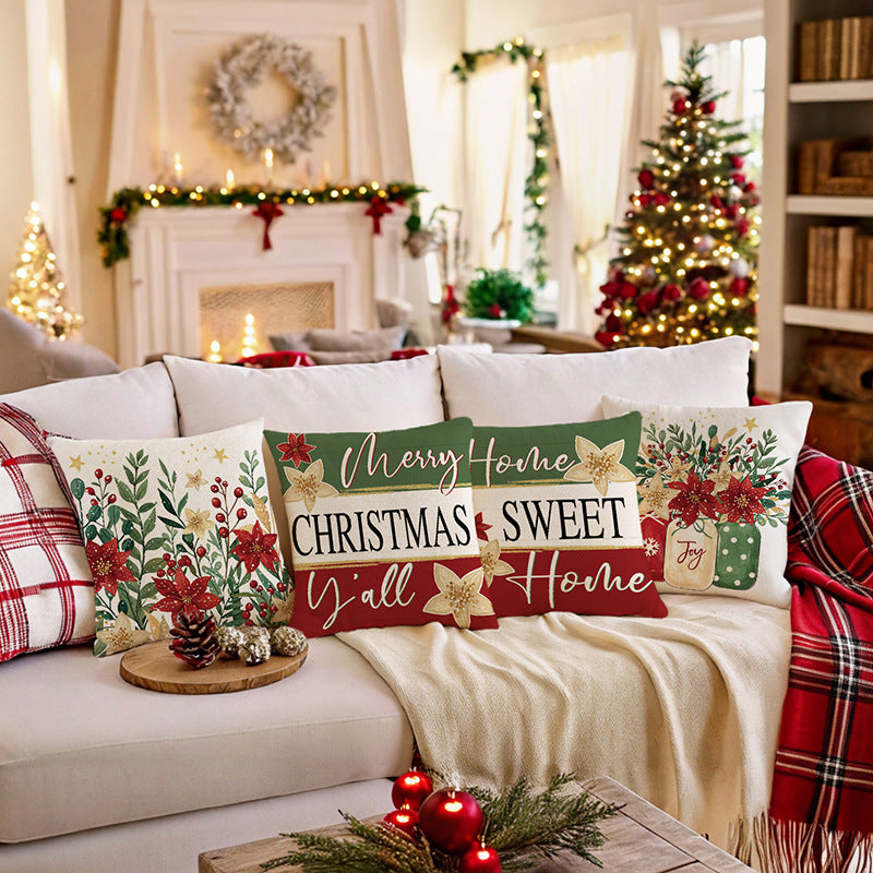Holiday Cotton-Linen Square Throw Pillow Cover with 'Merry Christmas Y'all' Script and Gold Poinsettia Accents