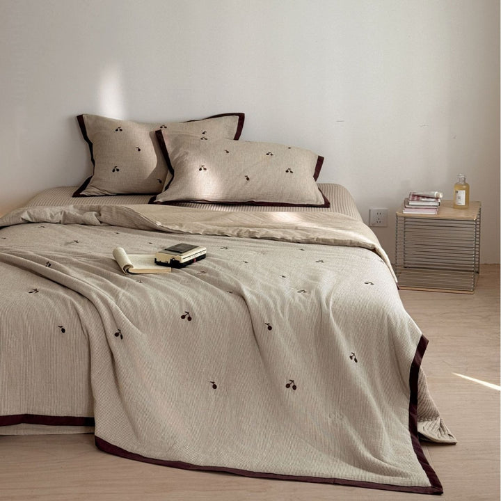 Quilted Lightweight Cotton Bedspread with Fine Pinstripe Texture and Contrast Piping
