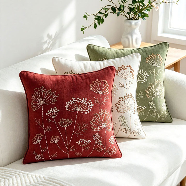 Square Embroidered Botanical Linen-Blend Accent Pillow Cover with Hidden Zipper