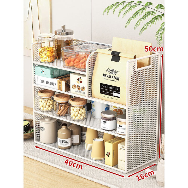Metal Mesh Countertop Pantry Organizer with Multi-Tier Shelves and Vertical Bag Compartment