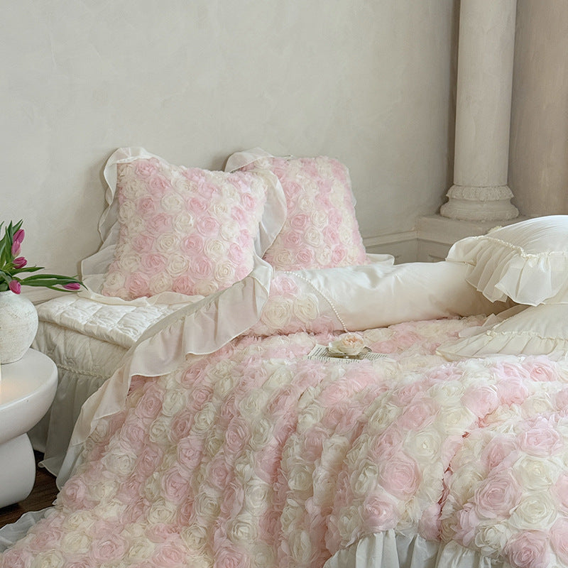 Romantic bedspread with 3D rose appliqué and ruffle