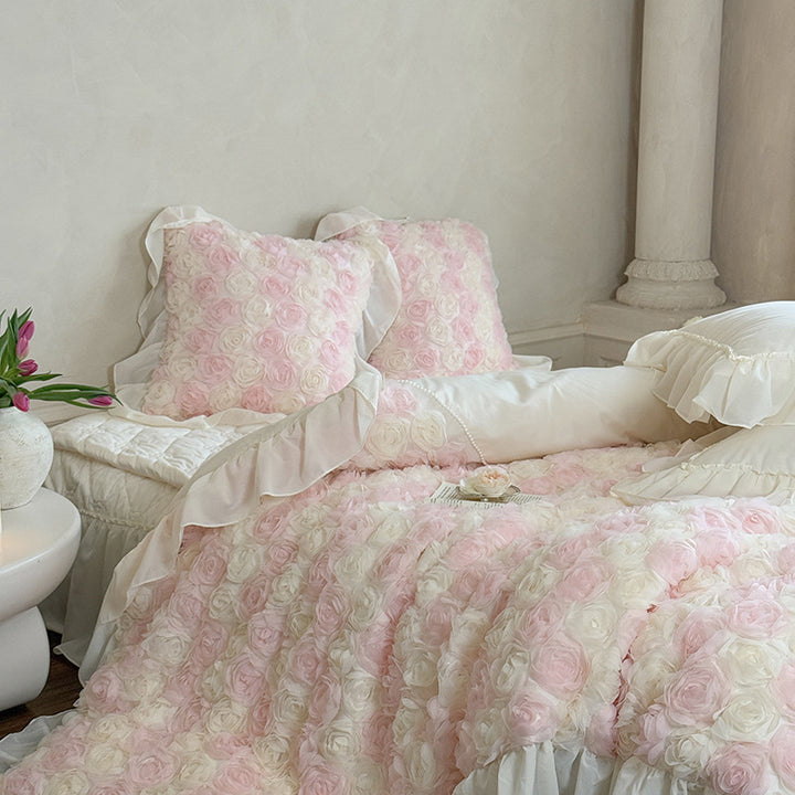 Romantic bedspread with 3D rose appliqué and ruffle