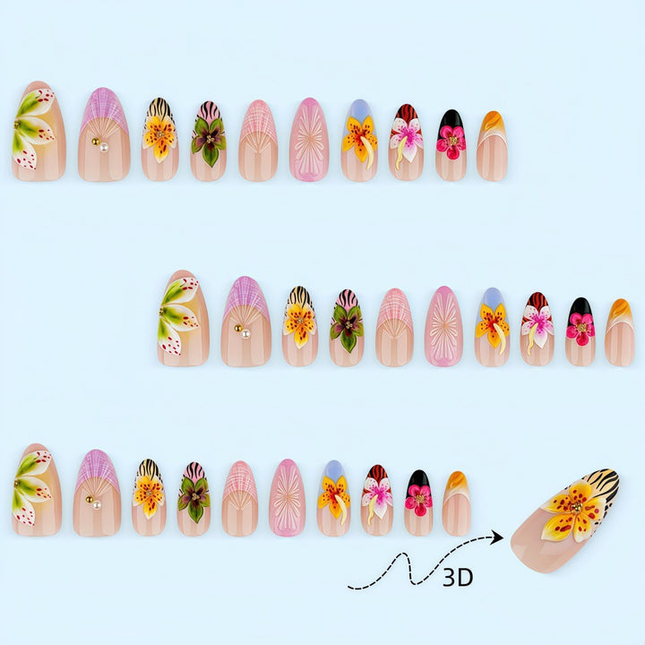Artificial nails with floral design and 3D applications Stornfield