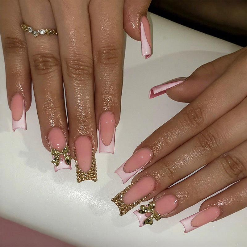 Decorative Press-On Nail Art Set with Elegant Bow and Gem Accents Stornfield
