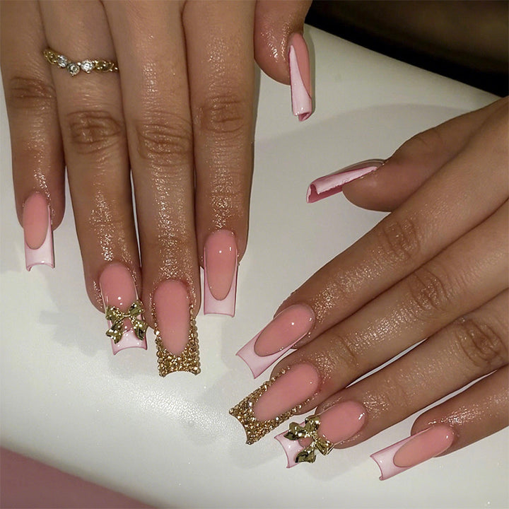 Decorative Press-On Nail Art Set with Elegant Bow and Gem Accents Stornfield