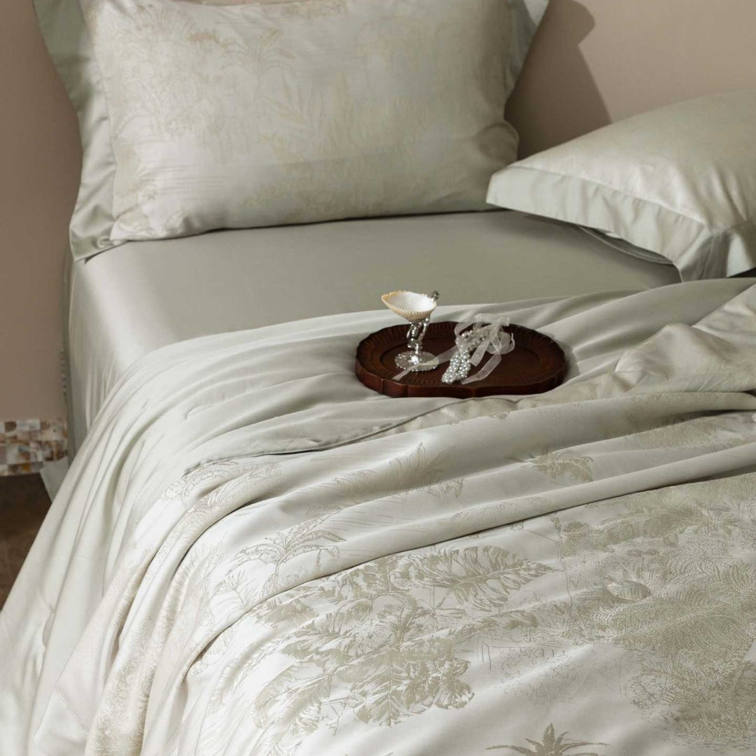 Premium cotton satin bedding set with fine toile pattern and hem decoration