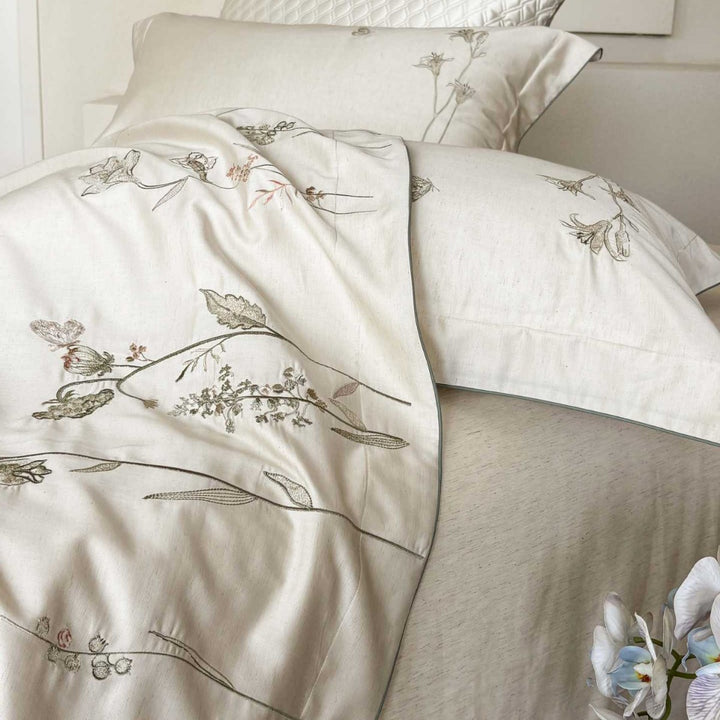 Reversible Botanical Line-Drawn Embroidered Cotton Sateen Duvet Cover Set with Hidden Closure
