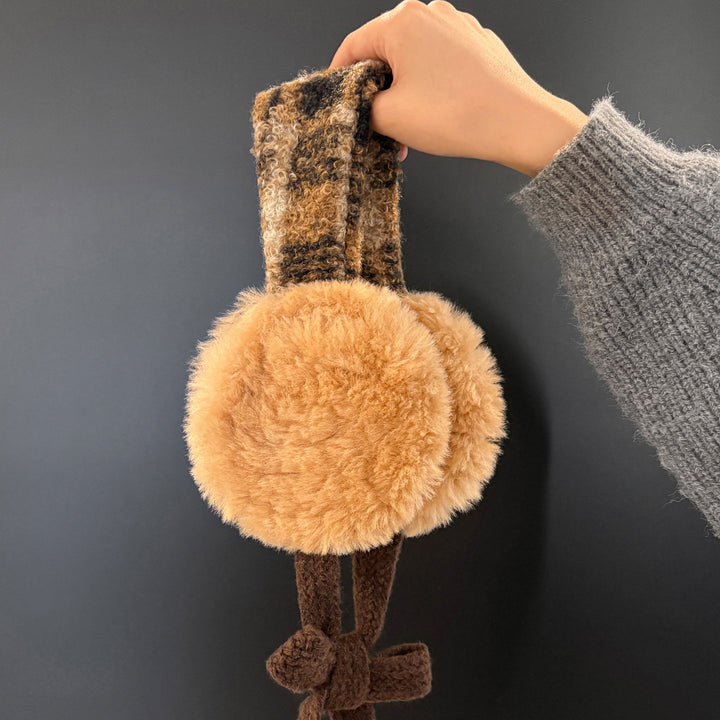 Plush Curly Faux-Fur Round Earmuffs with Patterned Knit Tie Headband Stornfield