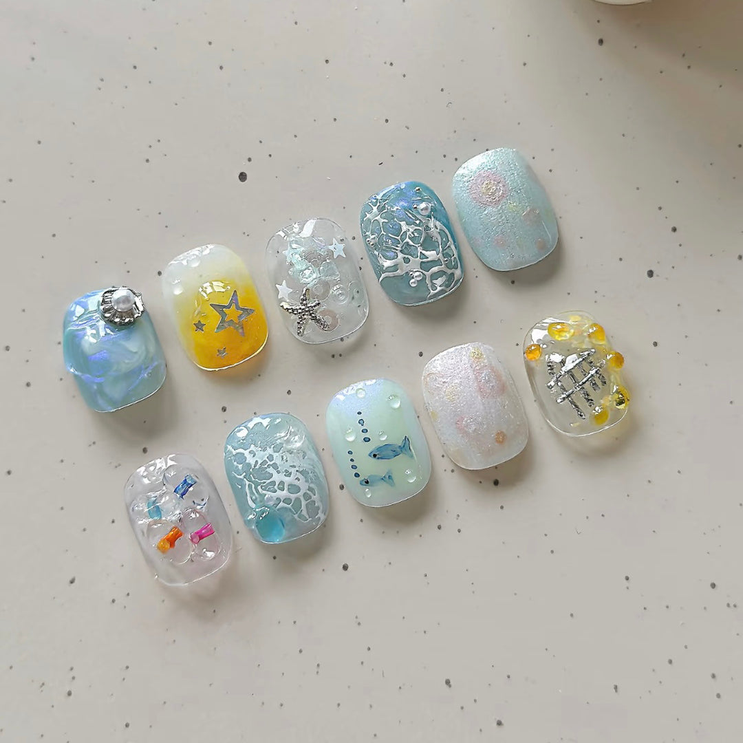 Decorative Press-On Nail Art Set with Oceanic Themes