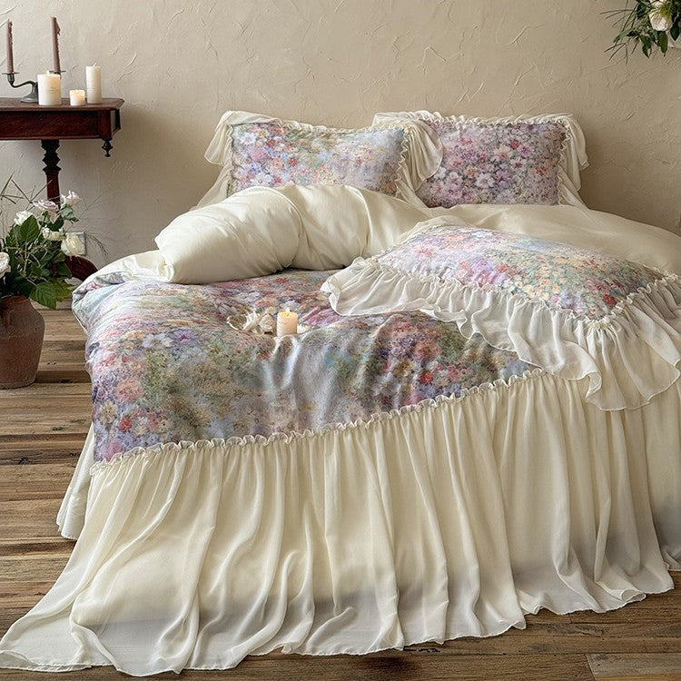 Elegant bedding set with floral watercolor print and gathered ruffle
