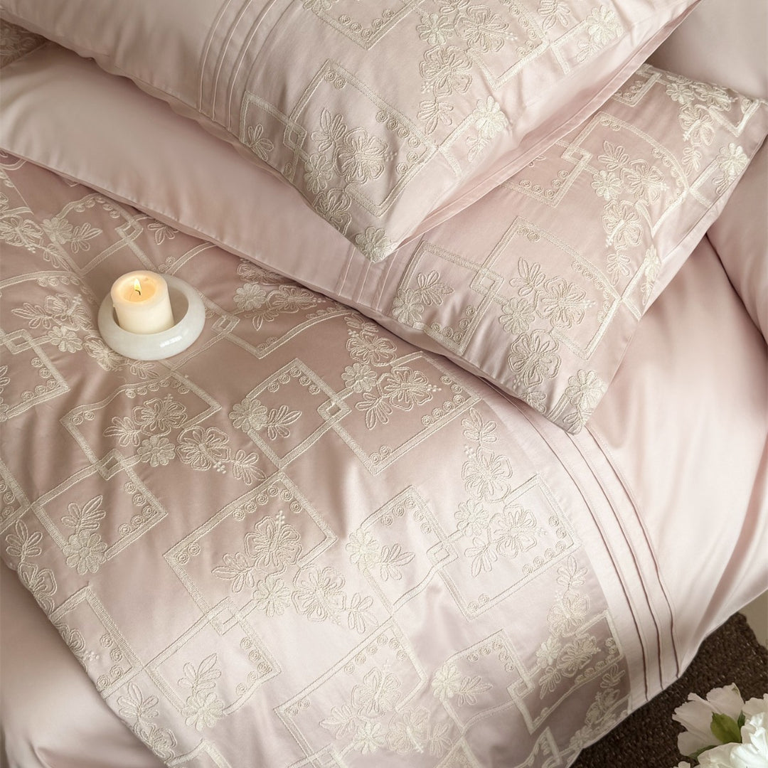 Embroidered Patchwork Motif Duvet Cover Set with Triple Pintuck Pillow Shams