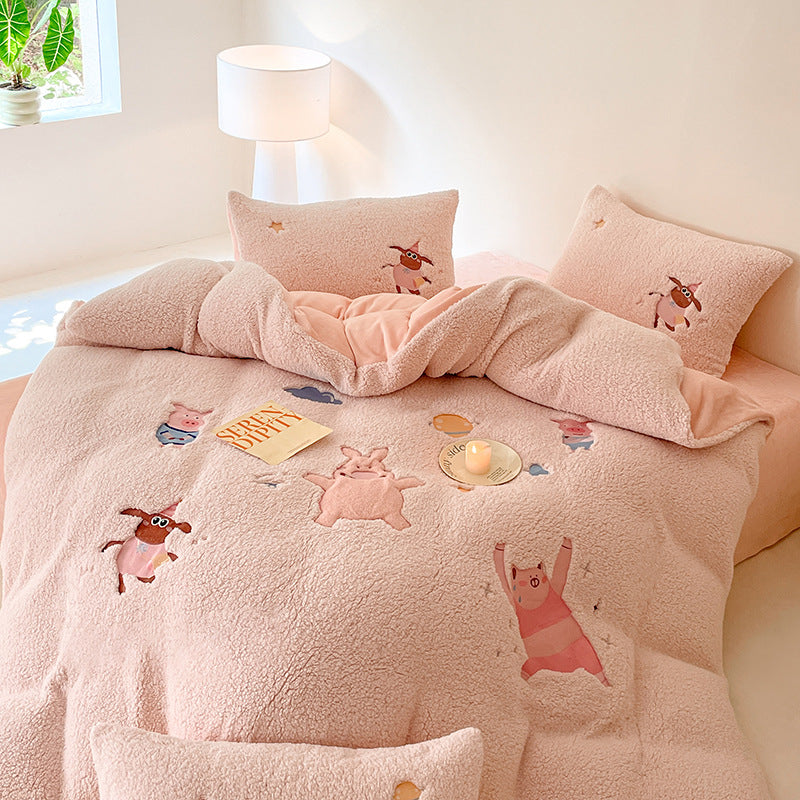 Sherpa Plush Cartoon Embroidered Duvet Bedding Set