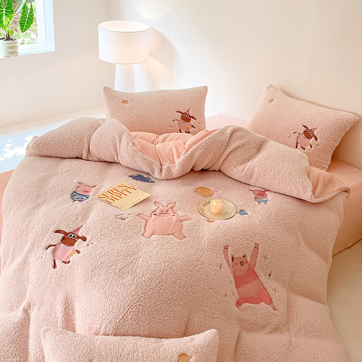 Sherpa Plush Cartoon Embroidered Duvet Bedding Set