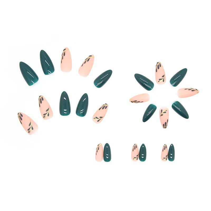 Artistic Press-On Nail Set with Leaf Designs Stornfield