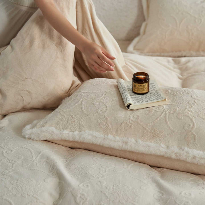 Embossed Paisley Plush Microfiber Duvet Cover Set with Sherpa-Lined Shams