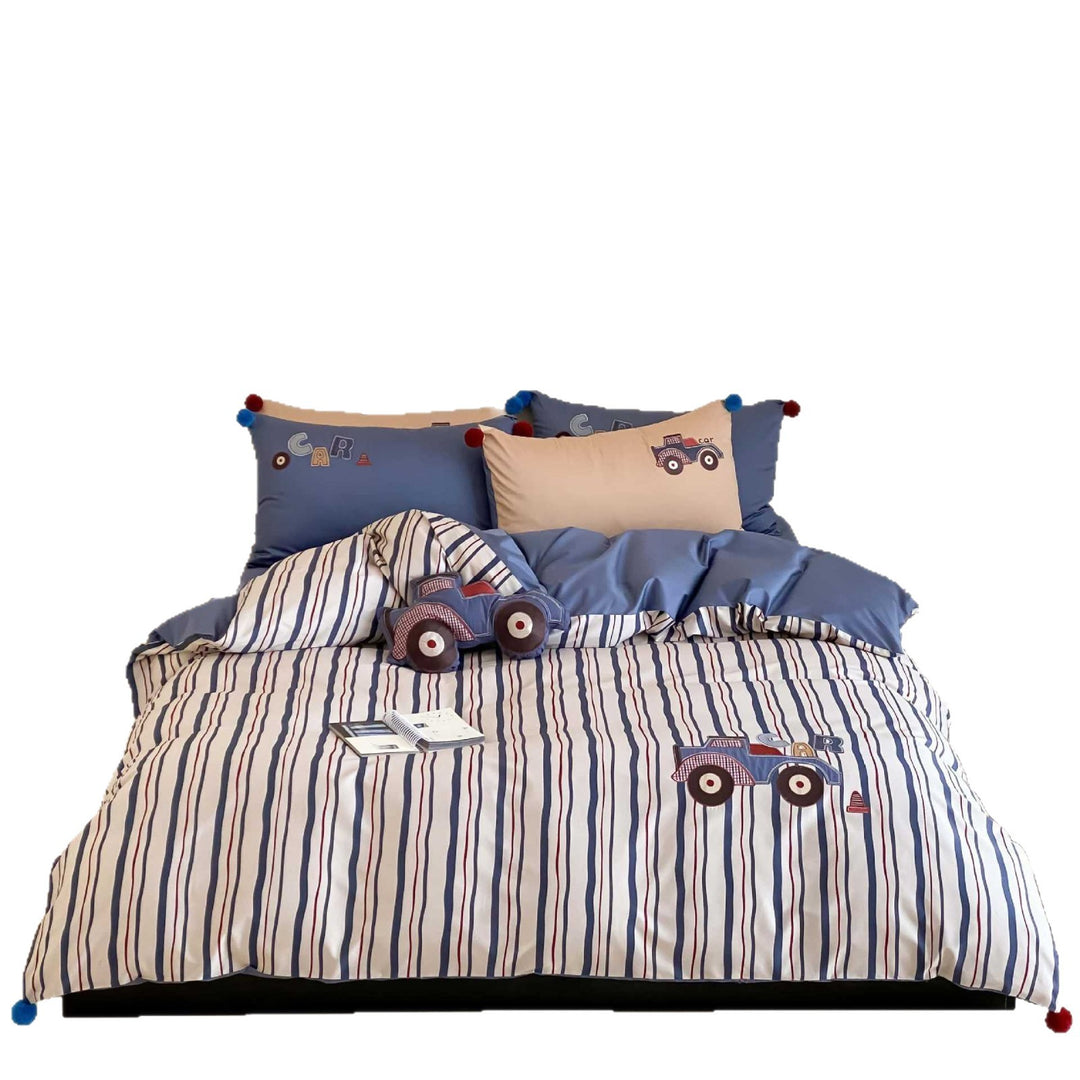 Striped Cotton Duvet Cover Set with Embroidered Car Appliqué & Pom-Pom Pillow Shams