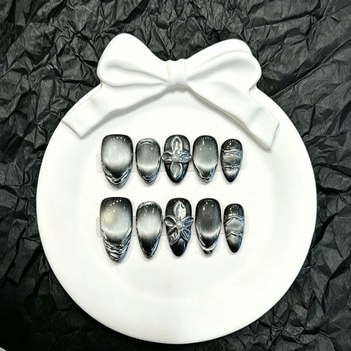 Premium Metallic Floral Press-On Nail Art Set
