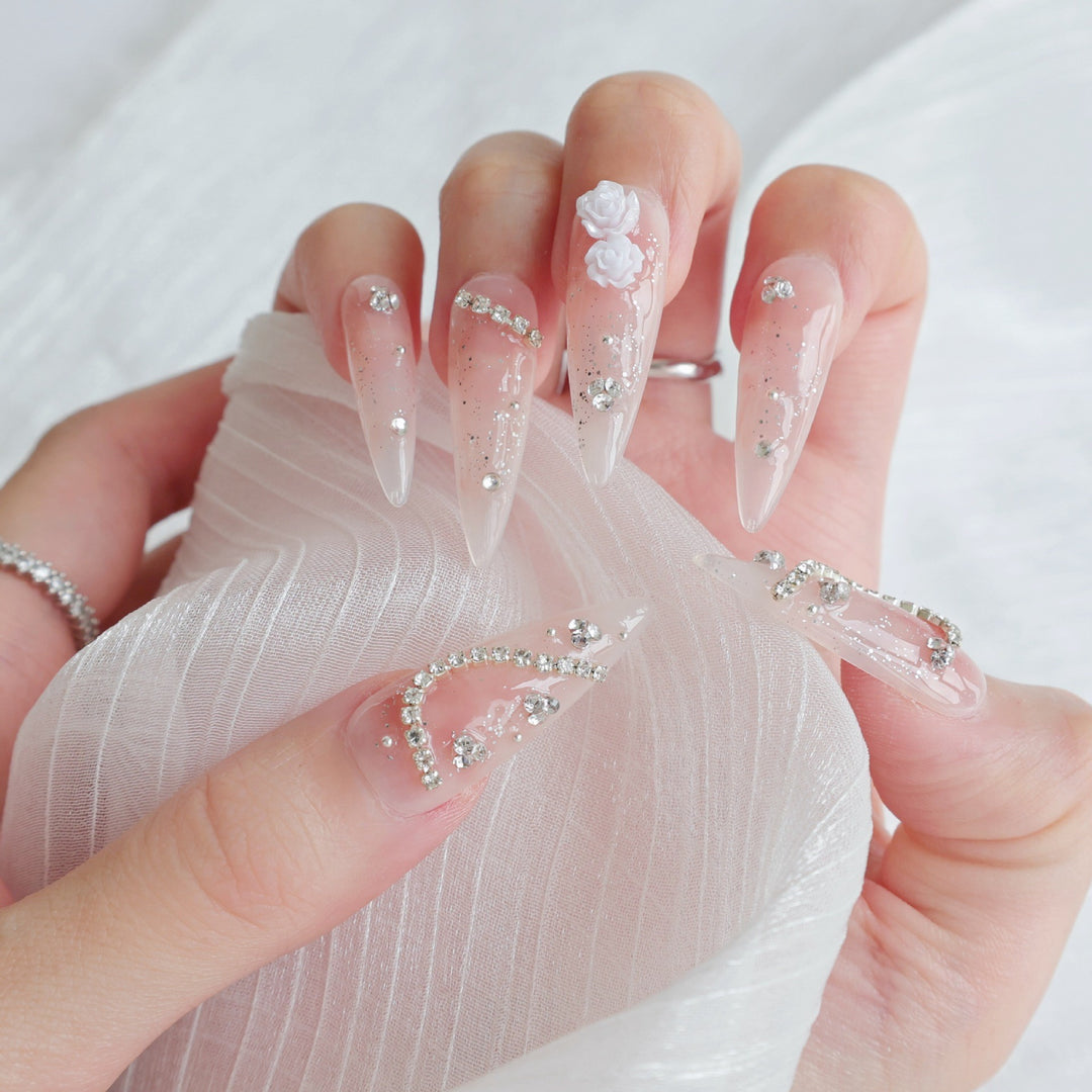 Elegant Stiletto Press-On Nail Art Set with Decorative Floral and Glitter Accents