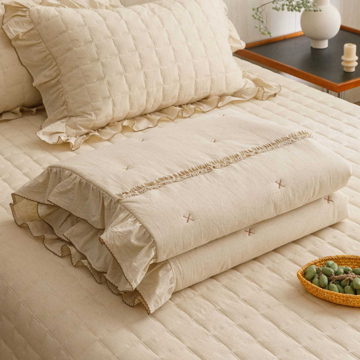 Quilted Ruffled Linen-Blend Duvet Cover Set with Bedskirt and Pillow Shams