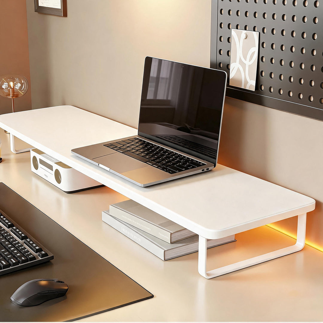 Low-Profile Wooden Monitor Riser with Metal Legs and Under-Shelf Storage