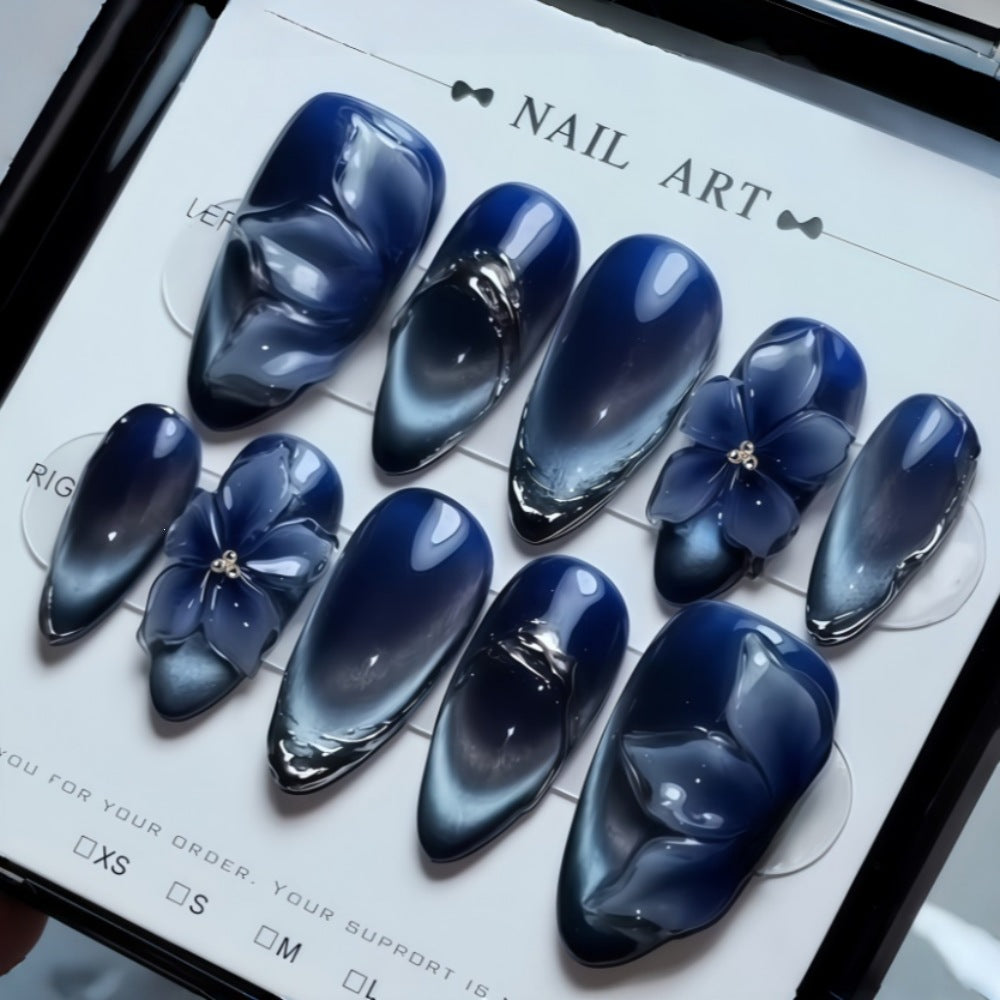 Acrylic Nail Set with Elegant Blue Ombre and Floral Design Stornfield