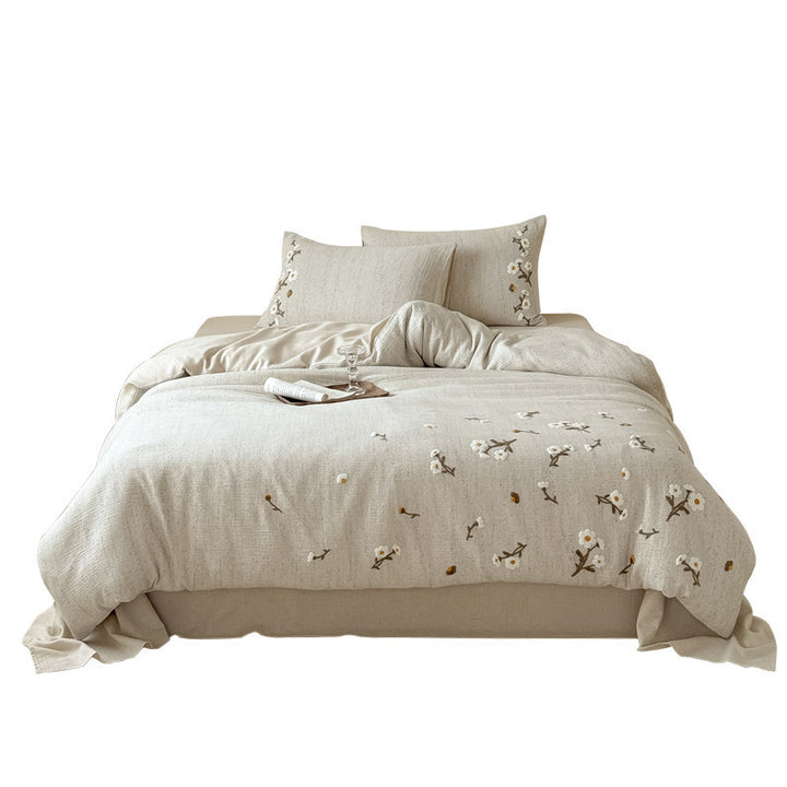 Embroidered Cotton-Linen Duvet Cover Bedding Set with Quilted Reversible Comforter and Decorative Pillow Shams