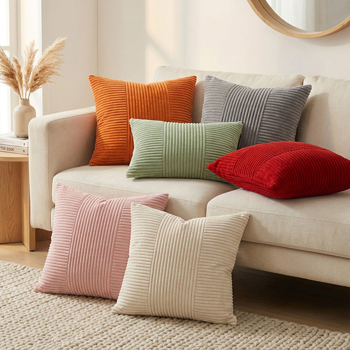 Ribbed Corduroy Square Throw Pillow Cover with Center Channel Texture and Hidden Zipper