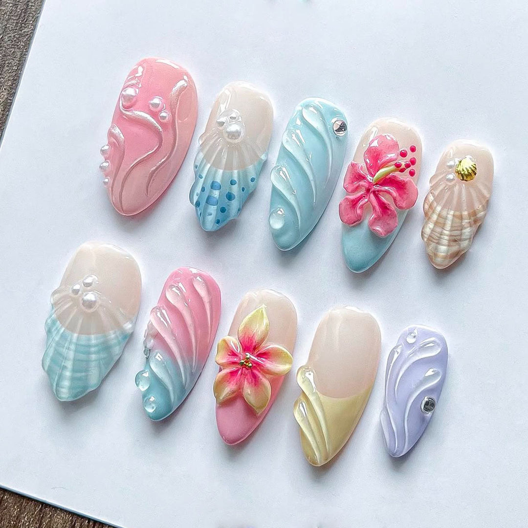 Decorative 3D Floral and Shell Press-On Nail Art Stornfield