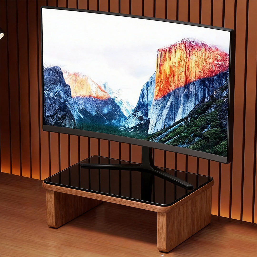 Compact Wooden-Top Monitor Riser Stand with Metal Frame and Under-Shelf Storage