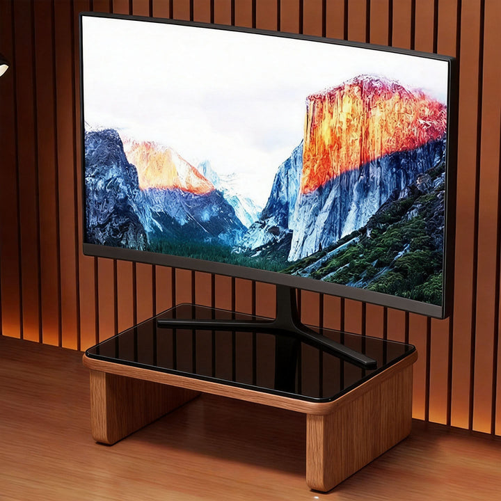 Compact Wooden-Top Monitor Riser Stand with Metal Frame and Under-Shelf Storage