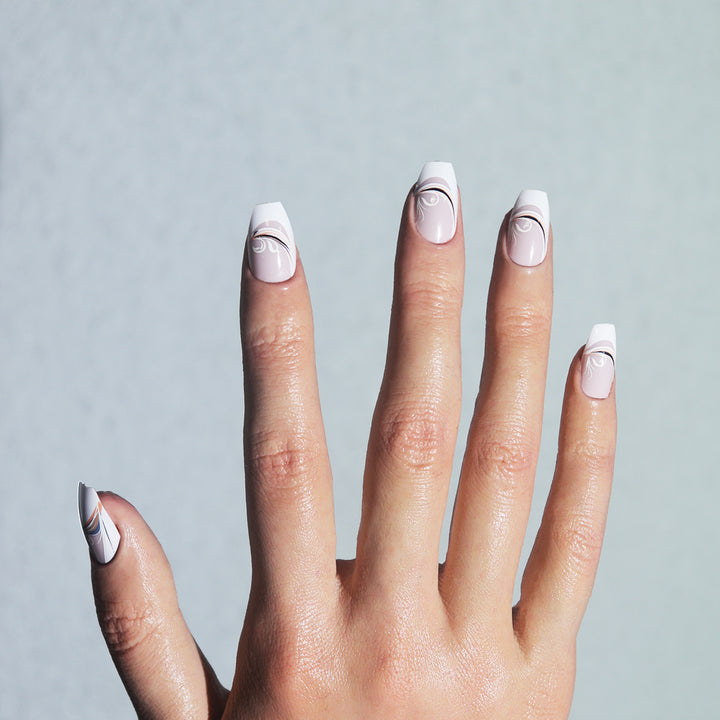 Decorative French Tip Press-On Nails with Artistic Swirl Design Stornfield