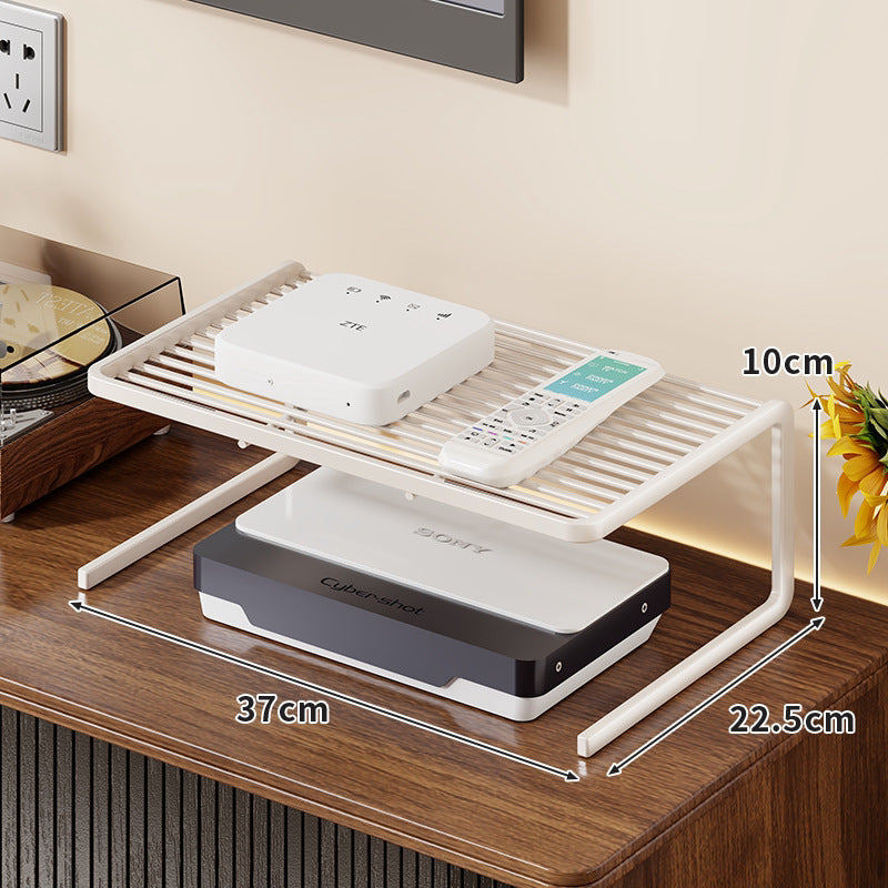 Two-Tier Ventilated Metal Electronics Organizer Shelf for Routers, Set-Top Boxes and Remotes