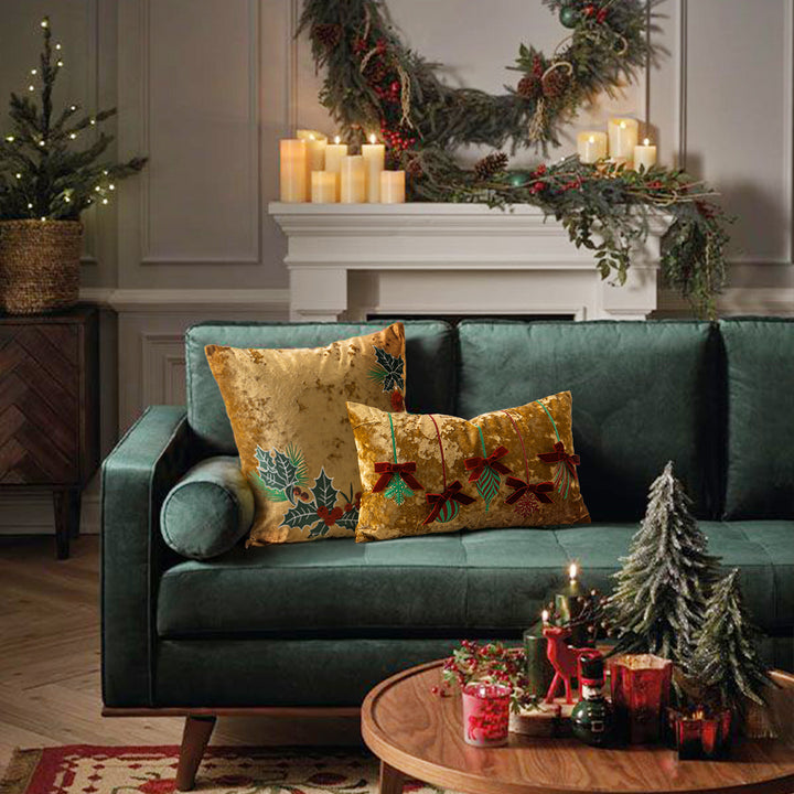 Rectangular velvet cushion cover with embroidered Christmas ornaments Stornfield
