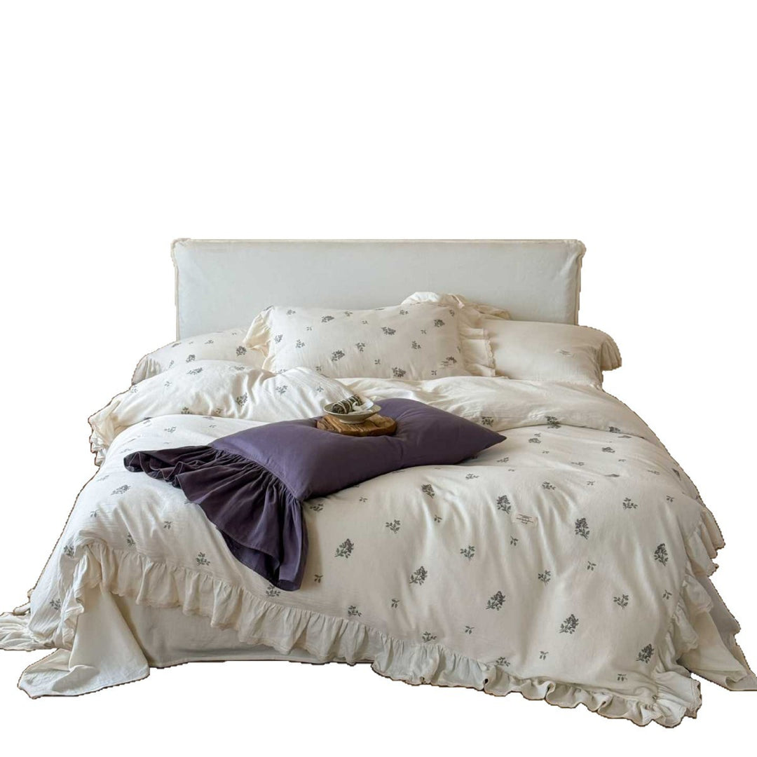 Cotton gauze mattress cover set with ruffle, light linen look and delicate rose allover