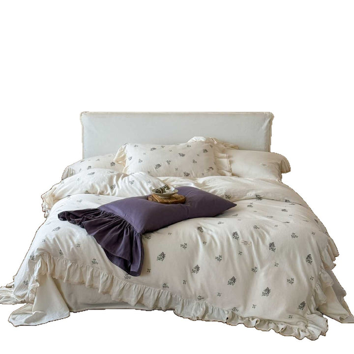Cotton gauze mattress cover set with ruffle, light linen look and delicate rose allover