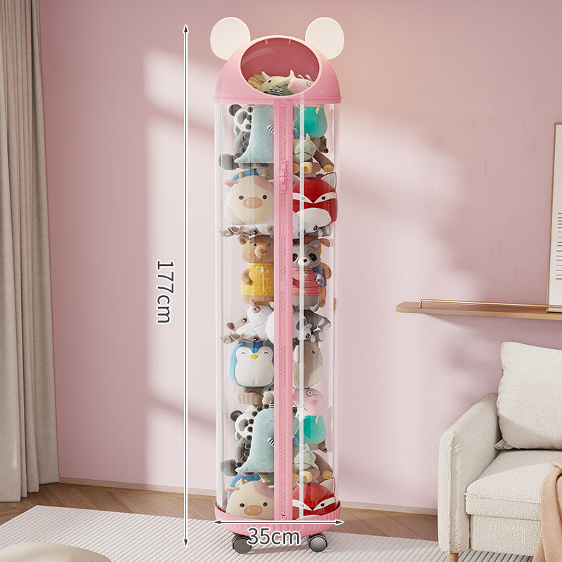 Vertical Clear Cylinder Plush Toy Storage Tower with Divided Shelves and Caster Base