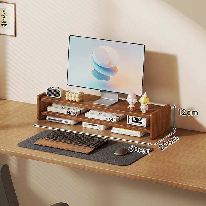 Solid Wood Monitor Riser and Desk Organizer with Dual-Level Shelf and Cable Management