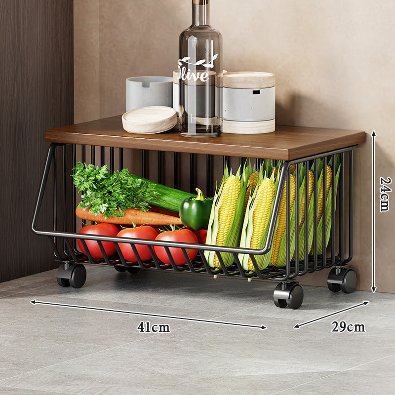 Multi-Tier Rolling Kitchen Pantry Cart with Wood Top and Deep Wire Storage Baskets