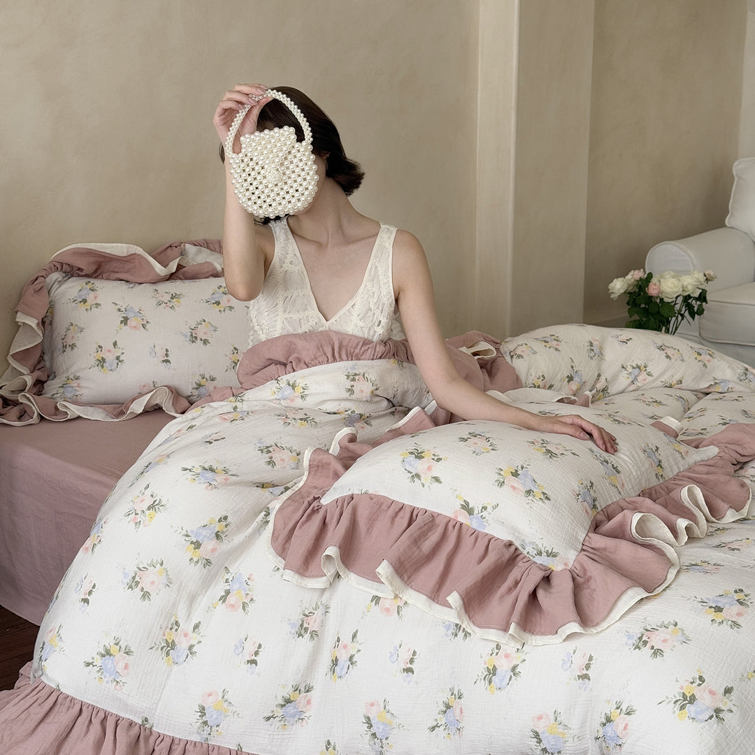 Quilted Floral Ruffled Duvet Cover Set with Pillow Shams and Layered Ruffle Hem