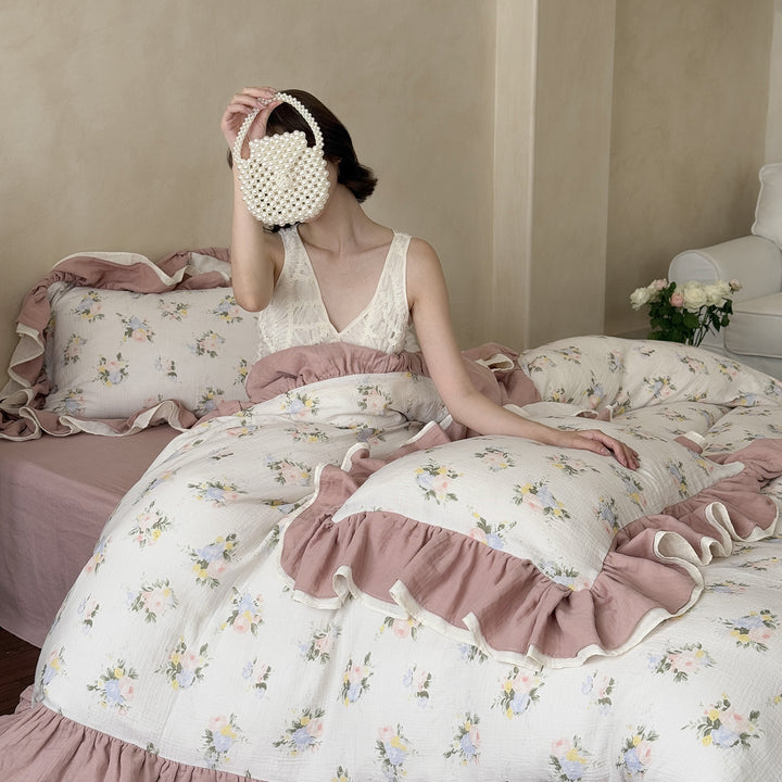 Quilted Floral Ruffled Duvet Cover Set with Pillow Shams and Layered Ruffle Hem