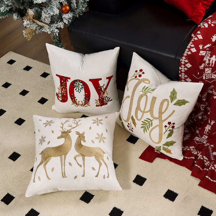 Velvet Embroidered Festive Accent Pillow Cover with Metallic Script
